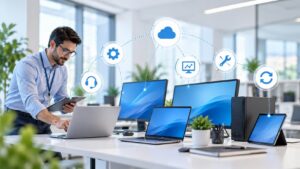 Equipos informáticos en una oficina moderna, con iconos que representan soporte, monitoreo, configuración, mantenimiento y renovación dentro de un Servicio Administrado de Cómputo por Interlace